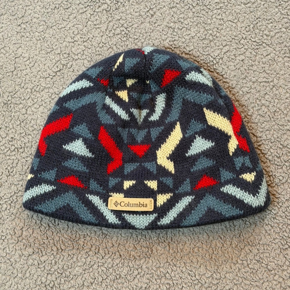 Columbia Youth Beanie Geometric Knit Fleece Lined Winter Hat Blue Red O/S CY6225